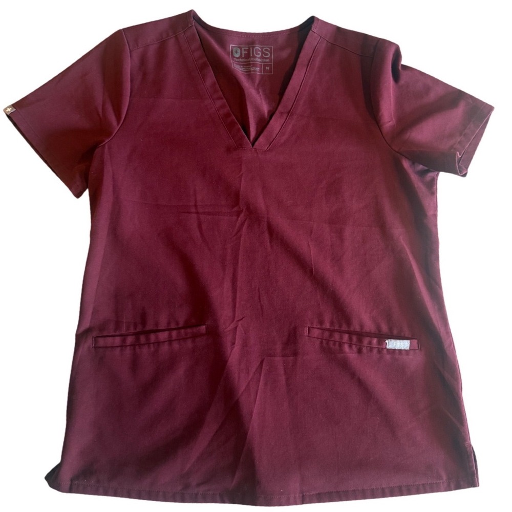 FIGS Casma Three-Pocket V-Neck Scrub Top Burgundy Maroon Womens Medium M